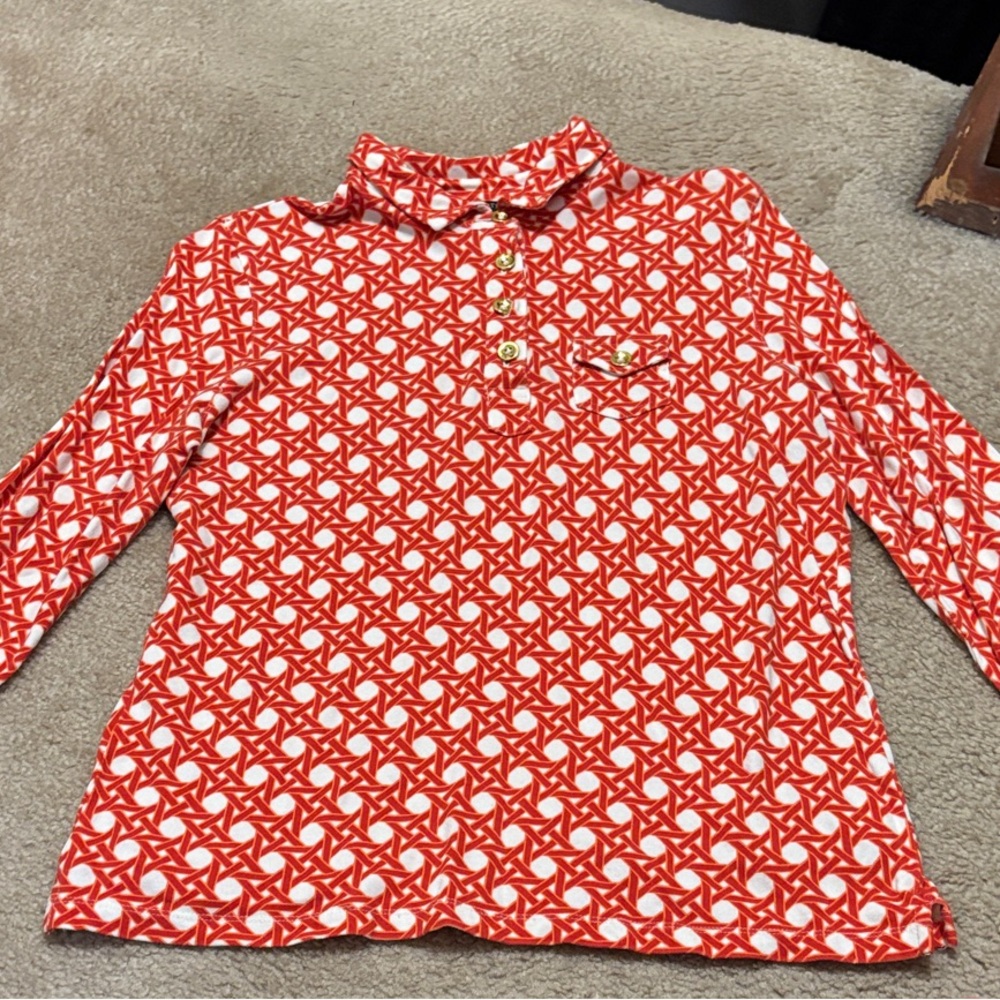 Talbots Orange and White Geometric Three Quarter Sleeve Top